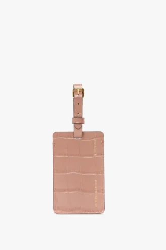 Etiqueta de equipaje en piel con relieve de cocodrilo en rosa palo