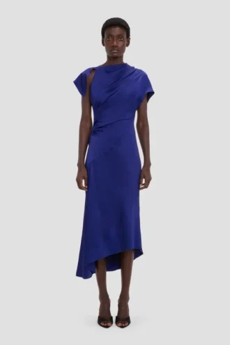 Vestido asimétrico con detalle retorcido en índigo brillante