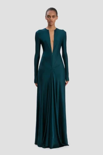 Vestido con aberturas en verde azulado oscuro