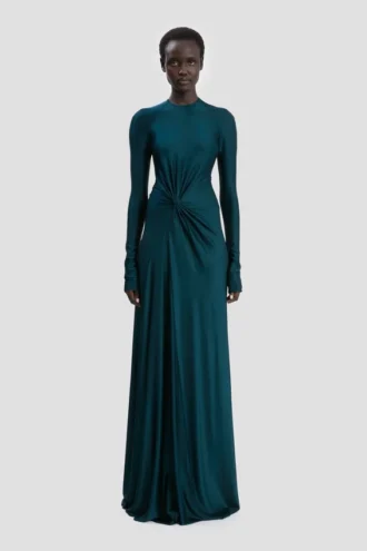 Vestido de cintura retorcida en verde azulado oscuro