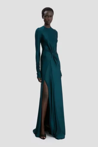 Vestido de cintura retorcida en verde azulado oscuro