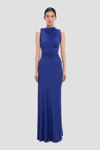 Vestido drapeado sin mangas en índigo brillante