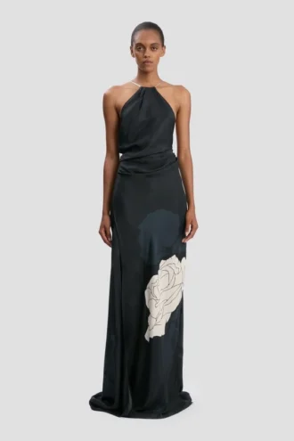 Vestido halter con cadena y estampado floral azul marino oscuro