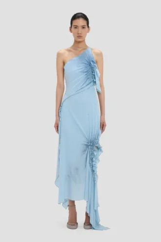 Vestido halter fruncido en azul jónico