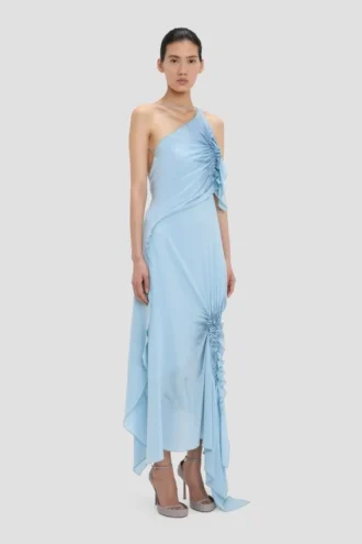 Vestido halter fruncido en azul jónico