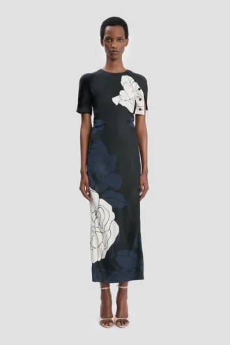 Vestido midi con abertura en el bajo y estampado floral azul marino oscuro