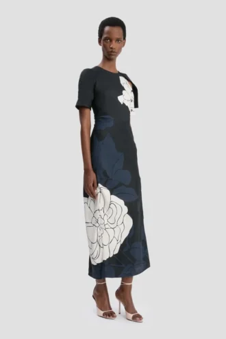 Vestido midi con abertura en el bajo y estampado floral azul marino oscuro